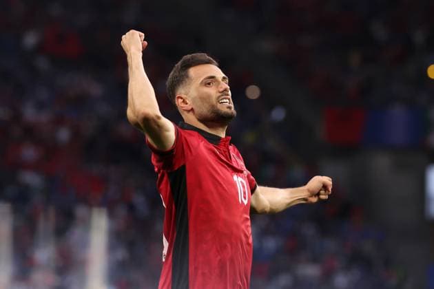 Dortmund, Germany, 15th June 2024. Nedim Bajrami of Albania celebrates after scoring to give the side a 1-0 lead during the UEFA European Championships match at BVB Stadion, Dortmund. Picture credit should read: Jonathan Moscrop Sportimage EDITORIAL USE ONLY. No use with unauthorised audio, video, data, fixture lists, club league logos or live services. Online in-match use limited to 120 images, no video emulation. No use in betting, games or single club league player publications. SPI-3182-0001