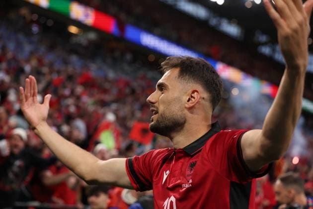 Dortmund, Germany, 15th June 2024. Nedim Bajrami of Albania celebrates after scoring to give the side a 1-0 lead during the UEFA European Championships match at BVB Stadion, Dortmund. Picture credit should read: Jonathan Moscrop Sportimage EDITORIAL USE ONLY. No use with unauthorised audio, video, data, fixture lists, club league logos or live services. Online in-match use limited to 120 images, no video emulation. No use in betting, games or single club league player publications. SPI-3182-0006