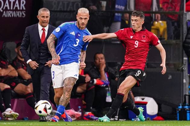 2024-06-15 Italy v Albania - Group B - UEFA EURO, EM, Europameisterschaft,Fussball 2024 DORTMUND, GERMANY - JUNE 15: Federico Dimarco of Italy, Jasir Asani of Albania battle for the ball during the Group B - UEFA EURO 2024 match between Italy and Albania at Signal Iduna Park on June 15, 2024 in Dortmund, Germany. (Photo by Joris Verwijst BSR Agency) Dortmund Germany Content not available for redistribution in The Netherlands directly or indirectly through any third parties. Copyright: xBSRxAgencyx