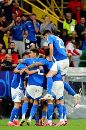 Nicolo Barella of Italy celebrates with team mates after scoring the goal of 2-1 during the Euro 2024 Group Stage B football match between Italy and Albania at BVB Stadium in Dortmund (Germany), June 15th, 2024. cesarexpurini
