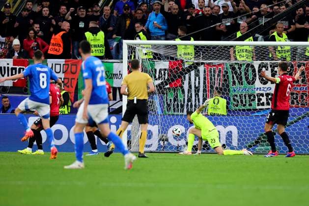 Nicolo Barella of Italy (not pictured) scores the goal of 2-1 during the Euro 2024 Group Stage B football match between Italy and Albania at BVB Stadium in Dortmund (Germany), June 15th, 2024. cesarexpurini