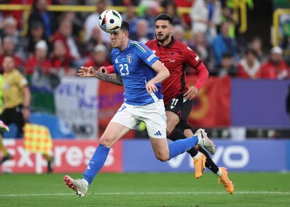 Dortmund, Germany, 15th June 2024. Alessandro Bastoni of Italy gets ahead of Armando Broja of Albania during the UEFA European Championships match at Signal Idruna Park, Dortmund. Picture credit should read: David Klein Sportimage EDITORIAL USE ONLY. No use with unauthorised audio, video, data, fixture lists, club league logos or live services. Online in-match use limited to 120 images, no video emulation. No use in betting, games or single club league player publications. SPI-3195-0048