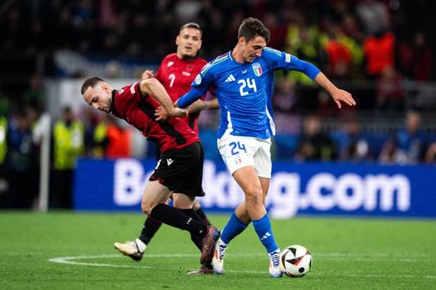 240615 Mario Mitaj of Albania and Andrea Cambiaso of Italy during the UEFA Euro 2024 Football Championship match between Italy and Albania on June 15, 2024 in Dortmund Photo Jesper Zerman BILDBYRAN kod JZ JZ0538 fotboll football soccer fotball fotbolls em europamästerskap em uefa euro uefa european football championship euro 2024 italy albanien albania bbeng  Copyright: JESPERxZERMAN BB240615JZ100