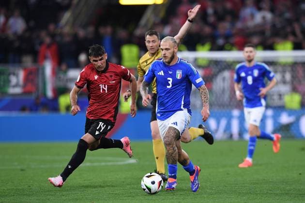 Soccer UEFA EURO 2024 Group Stage 1 Matchday Italy Albania on 15 06 2024 at BVB Stadion Dortmund in Dortmund Qazim Laci Albania , left Federico Dimarco Italy , right xRx