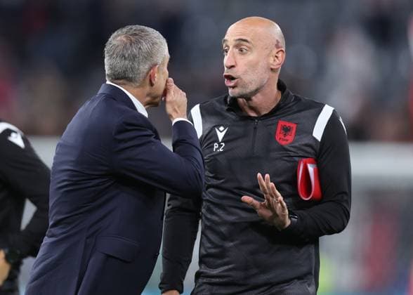 Dortmund, Germany, 15th June 2024. Assistant coach Pablo Zabaleta talks to Sylvinho coach of Albania following their loss in the opening game during the UEFA European Championships match at Signal Idruna Park, Dortmund. Picture credit should read: David Klein Sportimage EDITORIAL USE ONLY. No use with unauthorised audio, video, data, fixture lists, club league logos or live services. Online in-match use limited to 120 images, no video emulation. No use in betting, games or single club league player publications. SPI-3195-0097