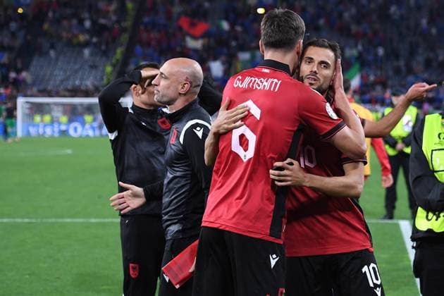 Soccer UEFA EURO 2024 Group Stage 1 Matchday Italy Albania on 15 06 2024 at BVB Stadion Dortmund in Dortmund Berat Djimsiti Albania , left Nedim Bajrami Albania , right disappointed xRx