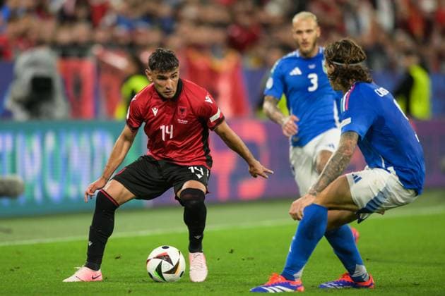 Soccer, UEFA EURO 2024, 20240615, Italy Albania In the picture Qazim LACI Albania, 14 dribbling ball and Riccardo CALAFIORI Italy, 5 Dortmund BVB Stadium Dortmund North Rhine-Westphalia Germany Copyright: Passion2Press MarkusxFischerx
