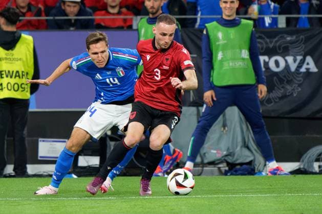 Mario Mitaj of Albania in action against Federico Chiesa of Italy during UEFA EURO, EM, Europameisterschaft,Fussball 2024 - Italy vs Albania, UEFA European Football Championship in Dortmund, Germany, June 15 2024  Copyright: xEmmanuelexMastrodonato IPAxSportx xx IPA_47154266 IPA_Agency_IPA47154266