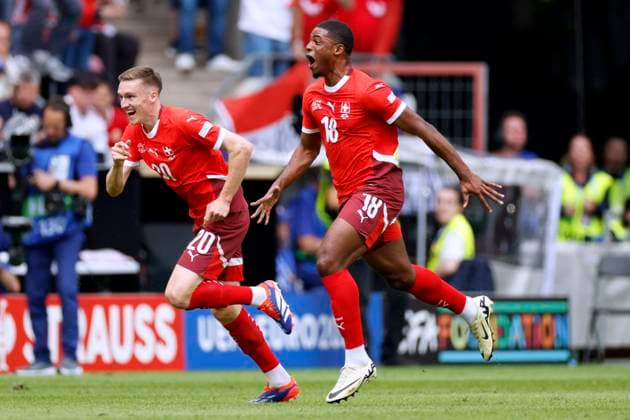 DUAH Kwadwo Team Switzerland with AEBISCHER Michael cheers after his goal to 0 1 UEFA Football EURO 2024 in Germany Match Group A Hungary Switzerland 1 3 on 15 06 2024 in Cologne DFL REGULATIONS PROHIBIT ANY USE OF PHOTOGRAPHS as IMAGE SEQUENCES and or QUASI VIDEO Copyright: xLacixPerenyix