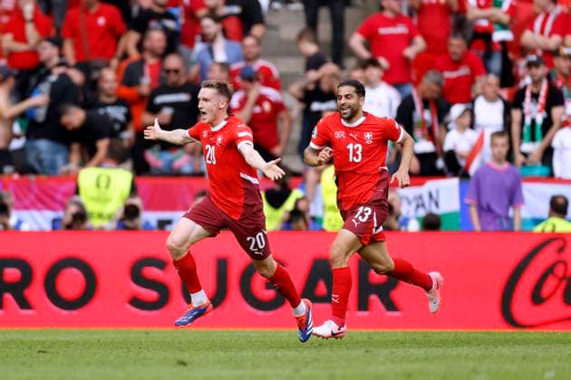 AEBISCHER Michael Team Switzerland with RODRIGUEZ Ricardo cheers after his goal to 0 2 UEFA Football EURO 2024 in Germany Match Group A Hungary Switzerland 1 3 on 15 06 2024 in Cologne DFL REGULATIONS PROHIBIT ANY USE OF PHOTOGRAPHS as IMAGE SEQUENCES and or QUASI VIDEO Copyright: xLacixPerenyix