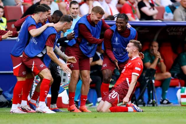 AEBISCHER Michael Team Switzerland cheers after his goal to 0 2 with EMBOLO and ELVEDI UEFA Football EURO 2024 in Germany Match Group A Hungary Switzerland 1 3 on 15 06 2024 in Cologne DFL REGULATIONS PROHIBIT ANY USE OF PHOTOGRAPHS as IMAGE SEQUENCES and or QUASI VIDEO Copyright: xLacixPerenyix