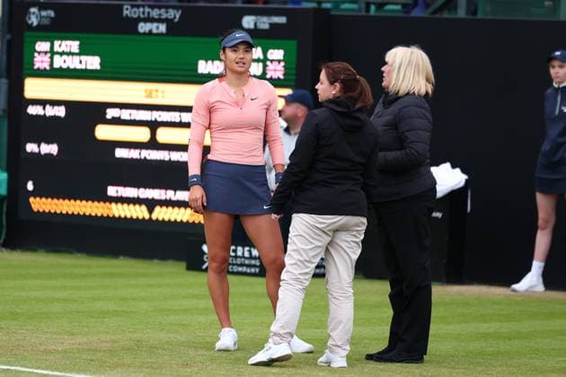 15th June 2024; Lexus Nottingham Tennis Centre, Nottingham, England; Rothesay Nottingham Open, Day 6; Emma Raducanu speaks to officials about how slippery the court is during womens singles semi-final  ActionPlus12655046 ShaunxBrooks