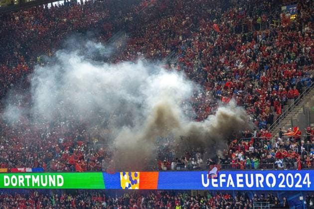 GER, EURO 2024, Group B, Italy ITA vs Albania ALB 15 06 2024, BVB Stadium Dortmund, Dortmund, GER, EURO 2024, Group B, Italy ITA vs Albania ALB In the picture pyro in the Albanian fan curve nordphotoxGmbHxx xDenkinger nph00015