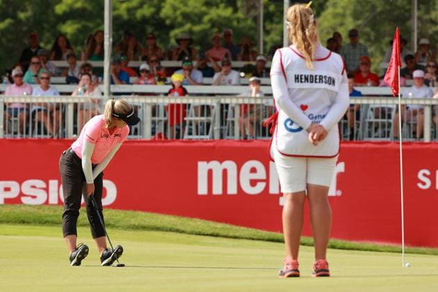 Meijer LPGA, Golf Damen Classic Brooke Henderson of Canada reacts to her putt on the 18th green during Day Three of the Meijer LPGA Classic for Simply Give golf tournament at Blythefield Country Club in Belmont, MI, USA Saturday, June 15, 2024. Belmont Michigan United States  Copyright: xJorgexLemusx originalFilename:lemus-meijerlp240615_np334.jpg