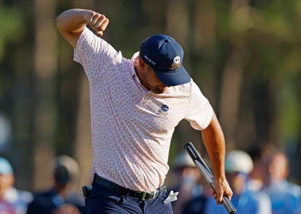 Bryson DeChambeau celebrates after sinking a birdie putt on the fourteenth hole during the third round of the 124th U.S. Open golf championship at Pinehurst Resort & Country Club in Pinehurst, N.C. on Saturday, June 15, 2024.  NCP20240615359 JOHNxANGELILLO