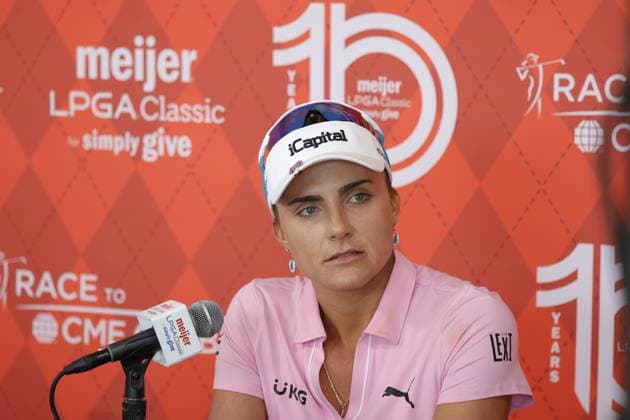 GRAND RAPIDS, MI - JUNE 15: LPGA, Golf Damen golfer Lexi Thompson talks to the media after shooting 7 under par for her third round score during the LPGA Meijer LPGA Classic for Simply Give on June 15th, 2024, at Blythefield Country Club in Grand Rapids, Michigan. (Photo by Brian Spurlock Icon Sportswire) GOLF: JUN 15 LPGA Meijer LPGA Classic for Simply Give EDITORIAL USE ONLY Icon24061544