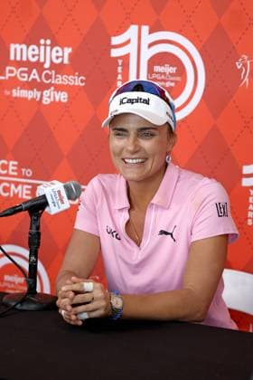 GRAND RAPIDS, MI - JUNE 15: LPGA, Golf Damen golfer Lexi Thompson talks to the media after shooting 7 under par for her third round score during the LPGA Meijer LPGA Classic for Simply Give on June 15th, 2024, at Blythefield Country Club in Grand Rapids, Michigan. (Photo by Brian Spurlock Icon Sportswire) GOLF: JUN 15 LPGA Meijer LPGA Classic for Simply Give EDITORIAL USE ONLY Icon24061547