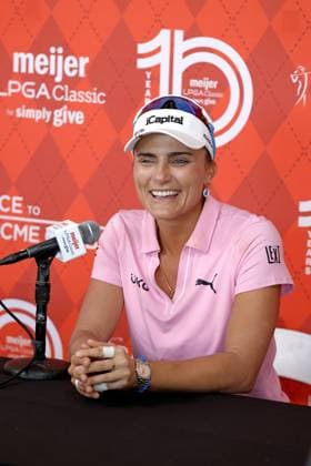 GRAND RAPIDS, MI - JUNE 15: LPGA, Golf Damen golfer Lexi Thompson talks to the media after shooting 7 under par for her third round score during the LPGA Meijer LPGA Classic for Simply Give on June 15th, 2024, at Blythefield Country Club in Grand Rapids, Michigan. (Photo by Brian Spurlock Icon Sportswire) GOLF: JUN 15 LPGA Meijer LPGA Classic for Simply Give EDITORIAL USE ONLY Icon24061548