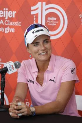 GRAND RAPIDS, MI - JUNE 15: LPGA, Golf Damen golfer Lexi Thompson talks to the media after shooting 7 under par for her third round score during the LPGA Meijer LPGA Classic for Simply Give on June 15th, 2024, at Blythefield Country Club in Grand Rapids, Michigan. (Photo by Brian Spurlock Icon Sportswire) GOLF: JUN 15 LPGA Meijer LPGA Classic for Simply Give EDITORIAL USE ONLY Icon24061549