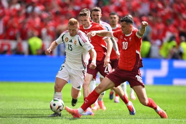 Laszlo Kleinheisler (Hungary)Granit Xhaka (Switzerland) during the UEFA EURO, EM, Europameisterschaft,Fussball Germany 2024 match between Hungary 1-3 Switzerland at Cologne Stadium on June 15, 2024 in Cologne, Germany. Noxthirdxpartyxsales  (256542733)