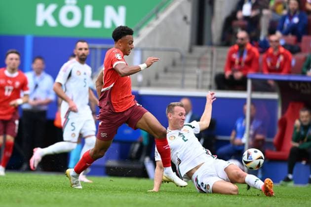 Dan Ndoye (Switzerland)Adam Lang (Hungary) during the UEFA EURO, EM, Europameisterschaft,Fussball Germany 2024 match between Hungary 1-3 Switzerland at Cologne Stadium on June 15, 2024 in Cologne, Germany. Noxthirdxpartyxsales  (256543269)