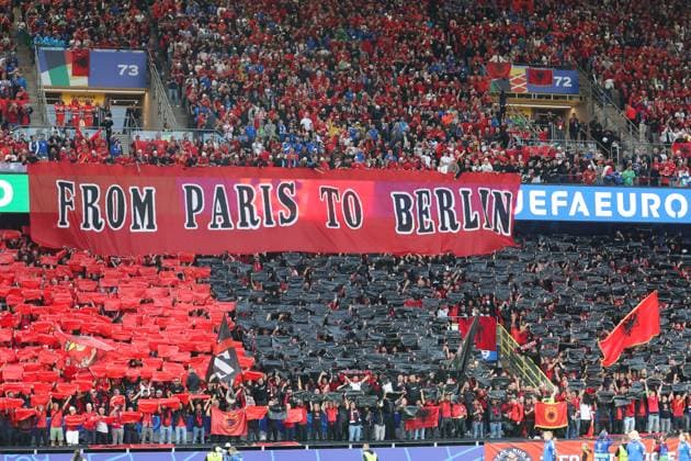 European Championship 2024 Italy Albania on 15 06 2024 at the Signal Iduna Park in Dortmund The Albania fans with a choreography From Paris to Berlin MH