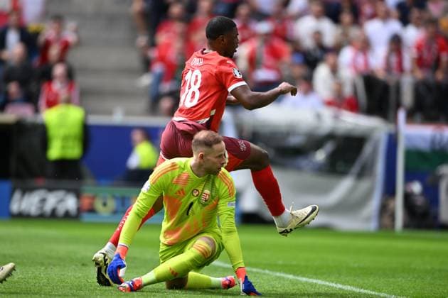 Kwadwo Duah (Switzerland)Peter Gulacsi (Hungary) during the UEFA EURO, EM, Europameisterschaft,Fussball Germany 2024 match between Hungary 1-3 Switzerland at Cologne Stadium on June 15, 2024 in Cologne, Germany. Noxthirdxpartyxsales  (256543549)