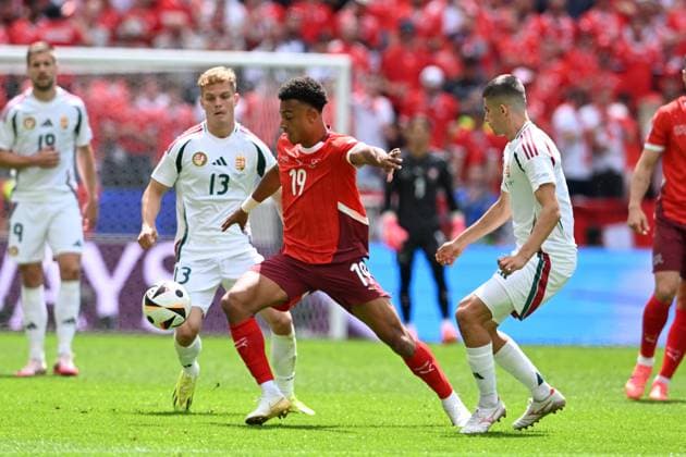 Dan Ndoye (Switzerland)Adam Nagy (Hungary) during the UEFA EURO, EM, Europameisterschaft,Fussball Germany 2024 match between Hungary 1-3 Switzerland at Cologne Stadium on June 15, 2024 in Cologne, Germany. Noxthirdxpartyxsales  (256543624)