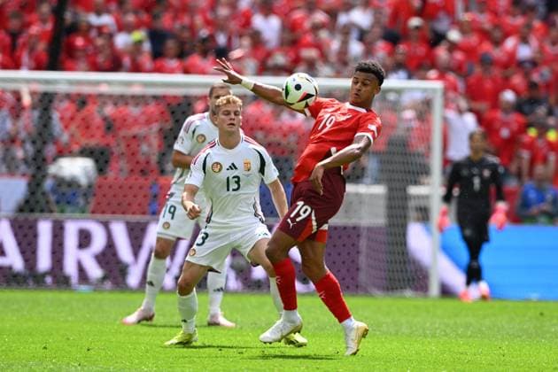 Dan Ndoye (Switzerland)Andras Schafer (Hungary) during the UEFA EURO, EM, Europameisterschaft,Fussball Germany 2024 match between Hungary 1-3 Switzerland at Cologne Stadium on June 15, 2024 in Cologne, Germany. Noxthirdxpartyxsales  (256543628)
