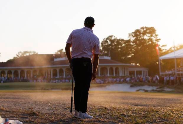 Bryson DeChambeau waits to ht his second shot to the eighteenth green during the third round of the 124th U.S. Open golf championship at Pinehurst Resort & Country Club in Pinehurst, N.C. on Saturday, June 15, 2024. DeChambeau finished the day in the lead at 7-under-par.  NCP20240615404 JOHNxANGELILLO