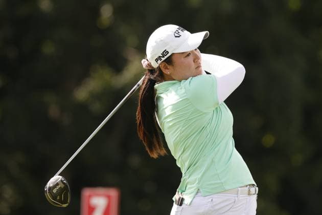 GRAND RAPIDS, MI - JUNE 15: LPGA, Golf Damen golfer Allisen Corpuz plays her tee shot on the 17th hole during the LPGA Meijer LPGA Classic for Simply Give on June 15th, 2024, at Blythefield Country Club in Grand Rapids, Michigan. (Photo by Brian Spurlock Icon Sportswire) GOLF: JUN 15 LPGA Meijer LPGA Classic for Simply Give EDITORIAL USE ONLY Icon24061560