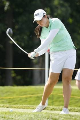GRAND RAPIDS, MI - JUNE 15: LPGA, Golf Damen golfer Allisen Corpuz plays her tee shot on the 17th hole during the LPGA Meijer LPGA Classic for Simply Give on June 15th, 2024, at Blythefield Country Club in Grand Rapids, Michigan. (Photo by Brian Spurlock Icon Sportswire) GOLF: JUN 15 LPGA Meijer LPGA Classic for Simply Give EDITORIAL USE ONLY Icon24061562
