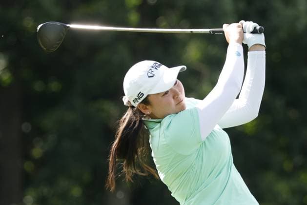 GRAND RAPIDS, MI - JUNE 15: LPGA, Golf Damen golfer Allisen Corpuz plays her tee shot on the 17th hole during the LPGA Meijer LPGA Classic for Simply Give on June 15th, 2024, at Blythefield Country Club in Grand Rapids, Michigan. (Photo by Brian Spurlock Icon Sportswire) GOLF: JUN 15 LPGA Meijer LPGA Classic for Simply Give EDITORIAL USE ONLY Icon24061564