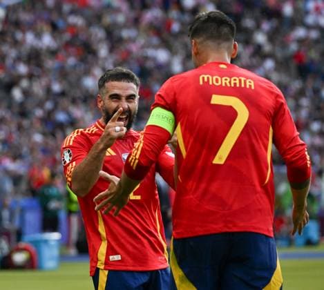 (240616) -- BERLIN, June 16, 2024 -- Daniel Carvajal Ramos (L) celebrates scoring with teammate Alvaro Morata during the UEFA EURO, EM, Europameisterschaft,Fussball 2024 Group B match between Spain and Croatia in Berlin, Germany on June 15, 2024. ) (SP)GERMANY-BERLIN-FOOTBALL-EURO 2024-SPAIN VS CROATIA RenxPengfei 