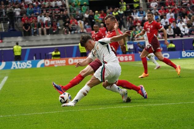 Football, UEFA Euro 2024, Euro 2024, Group stage, Group A, Hungary Switzerland Cologne Stadium Milos kerkez, Hungary ,Silvan Widmer, Switzerland