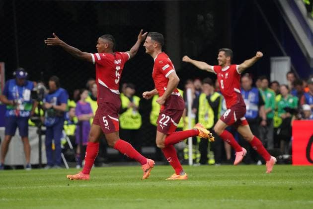 Football, UEFA Euro 2024, Euro 2024, Group stage, Group A, Hungary Switzerland Cologne Stadium Manuel Akanji, Fabian Schär, Remo, Freuler all Switzerland ,cheer