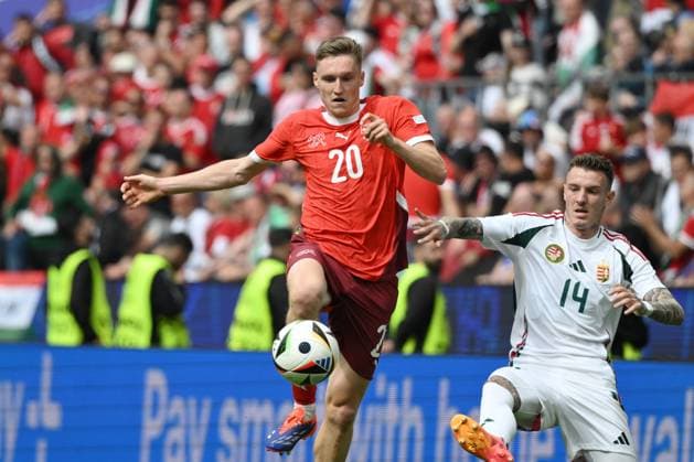 Michel Aebischer Switzerland , Bendeguz Bolla Hungary , v li 15 06 2024, European Football Championship 2024, Preliminary round, 1 Matchday Hungary Switzerland 1 3 Cologne Rhein Energie Stadium North Rhine-Westphalia Germany Team2