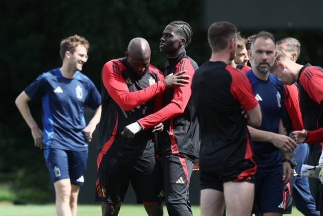 EURO 2024, Nationalteam Belgien, Training Belgium s Romelu Lukaku and Belgium s Amadou Onana pictured during a training session of Belgian national soccer team Red Devils, Sunday 16 June 2024 at their base camp in Freiberg am Neckar, Germany, in preparation of the UEFA EURO, EM, Europameisterschaft,Fussball 2024 European Soccer Championships. The Red Devils play in Group E at the Euro 2024 European Championships in Germany. BRUNOxFAHY  x94656425x