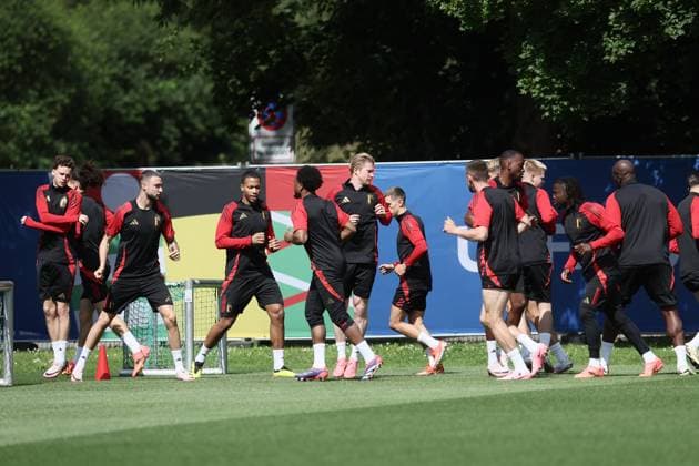 EURO 2024, Nationalteam Belgien, Training Belgium s players pictured during a training session of Belgian national soccer team Red Devils, Sunday 16 June 2024 at their base camp in Freiberg am Neckar, Germany, in preparation of the UEFA EURO, EM, Europameisterschaft,Fussball 2024 European Soccer Championships. The Red Devils play in Group E at the Euro 2024 European Championships in Germany. BRUNOxFAHY  x94656619x