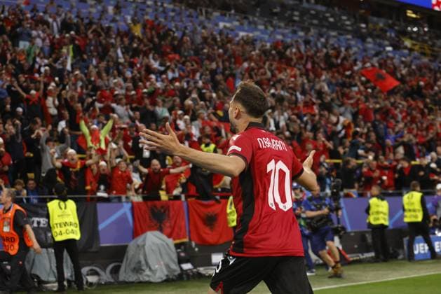 Dortmund, Germany: Nedim Bajrami of Albania celebrating after a goal during the EURO 2024, Group B football match between Italy and Albania on 15 June 2024 at BVB Stadium in Dortmund, Germany. Photo Nderim Kaceli UEFA European Football Championship - UEFA EURO, EM, Europameisterschaft,Fussball 2024 - Italy vs Albania  - ZUMAp169 20240616_zsa_p169_058 Copyright: xNderimxKaceli IPAxSportx