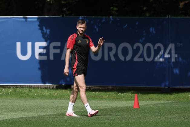 EURO 2024, Nationalteam Belgien, Training Belgium s Jan Vertonghen pictured during a training session of Belgian national soccer team Red Devils, Sunday 16 June 2024 at their base camp in Freiberg am Neckar, Germany, in preparation of the UEFA EURO, EM, Europameisterschaft,Fussball 2024 European Soccer Championships. The Red Devils play in Group E at the Euro 2024 European Championships in Germany. BRUNOxFAHY  x94657037x