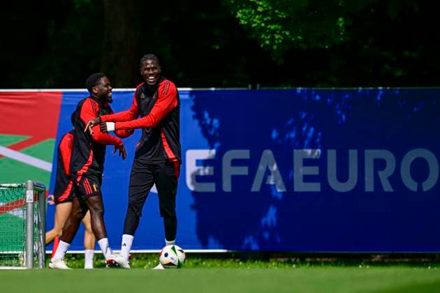 EURO 2024, Nationalteam Belgien, Training Belgium Media Activities - UEFA EURO, EM, Europameisterschaft,Fussball 2024 16 06 2024 FREIBERG AM NECKA, GERMANY - JUNE 16 : Mangala Orel midfielder of Belgium and Onana Amadou midfielder of Belgium during a training session of the Belgian Red Devils at the UEFA EURO 2024 European Football Championship tournament on June 16, 2024 in Freiberg am Necka, Germany, 16 06 2024 Freiberg am Necka Germany  Copyright: xPeterxDexVoechtx