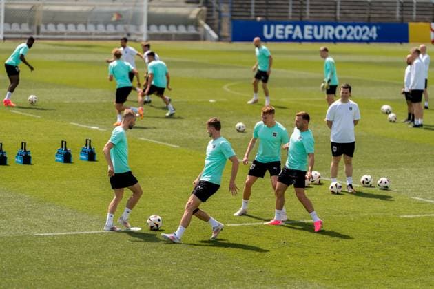 SOCCER - UEFA EURO, EM, Europameisterschaft,Fussball 2024 BERLIN,GERMANY,16.JUN.24 - SOCCER -UEFA EURO 2024, training Team AUT. Image shows Konrad Laimer, Stefan Posch, Florian Kainz and Andreas Weimann (AUT).  GEPAxpictures xJohannesxFriedl