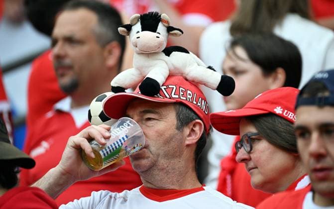 Football, European Championship, EURO 2024, Group A, Rhein Energie Stadium Cologne Hungary Switzerland 3 1 Swiss fans Fan, fans, fan culture, enthusiasm