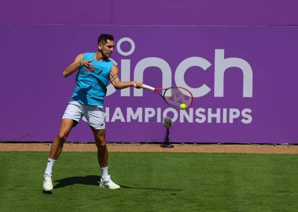 16th June 2024; Cinch Championships, Queens Club, West Kensington, London, England: Cinch Championships Queens Club, Qualifying Day 2; Alejandro Tabilo (CHI) with a forehand shot to Grigor Dimitrov (BUL) during his practise session on Centre Court  ActionPlus12655084 JohnxPatrickxFletcher