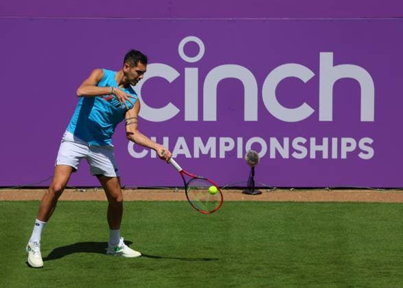 16th June 2024; Cinch Championships, Queens Club, West Kensington, London, England: Cinch Championships Queens Club, Qualifying Day 2; Alejandro Tabilo (CHI) with a forehand shot to Grigor Dimitrov (BUL) during his practise session on Centre Court  ActionPlus12655086 JohnxPatrickxFletcher