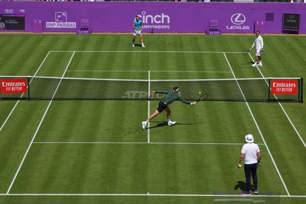 16th June 2024; Cinch Championships, Queens Club, West Kensington, London, England: Cinch Championships Queens Club, Qualifying Day 2; Grigor Dimitrov (BUL) with a forehand shot to Alejandro Tabilo (CHI) during his practise session on Centre Court  ActionPlus12655088 JohnxPatrickxFletcher