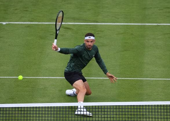 16th June 2024; Cinch Championships, Queens Club, West Kensington, London, England: Cinch Championships Queens Club, Qualifying Day 2; Grigor Dimitrov (BUL) with a backhand shot to Alejandro Tabilo (CHI) during his practise session on Centre Court  ActionPlus12655092 JohnxPatrickxFletcher