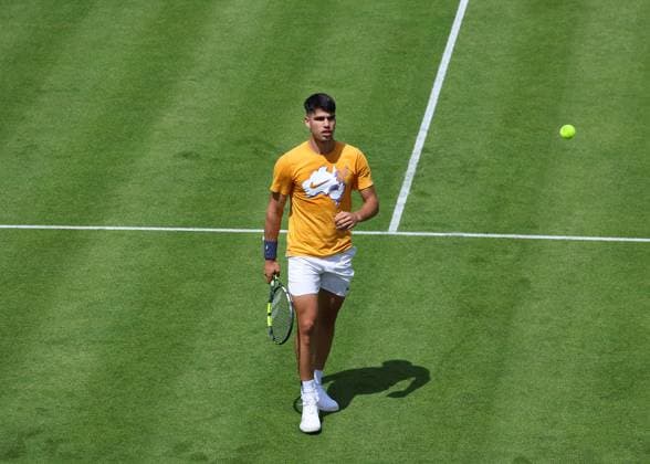 16th June 2024; Cinch Championships, Queens Club, West Kensington, London, England: Cinch Championships Queens Club, Qualifying Day 2; Defending Cinch Champion Carlos Alcaraz (ESP) on Centre Court during his practise session with Francisco Cerundolo (ARG)  ActionPlus12655095 JohnxPatrickxFletcher