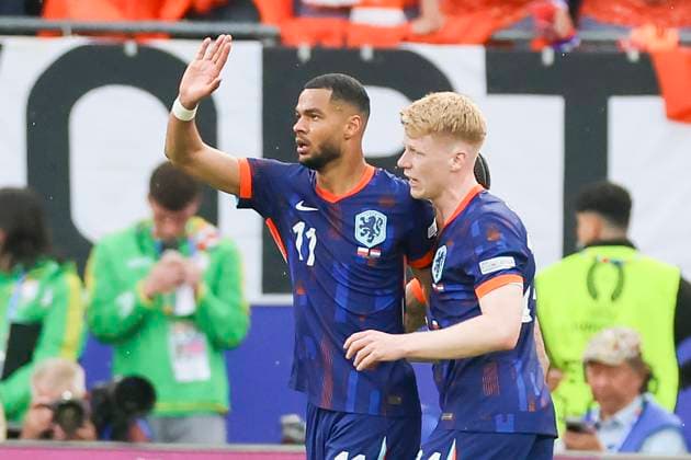 Cody Gakpo Netherlands celebrates his goal for 1 1 with Jerdy Schouten Netherlands , UEFA EURO 2024 Group D, Poland vs Netherlands, Volksparkstadion Hamburg, 16 06 2024, Hamburg, Germany